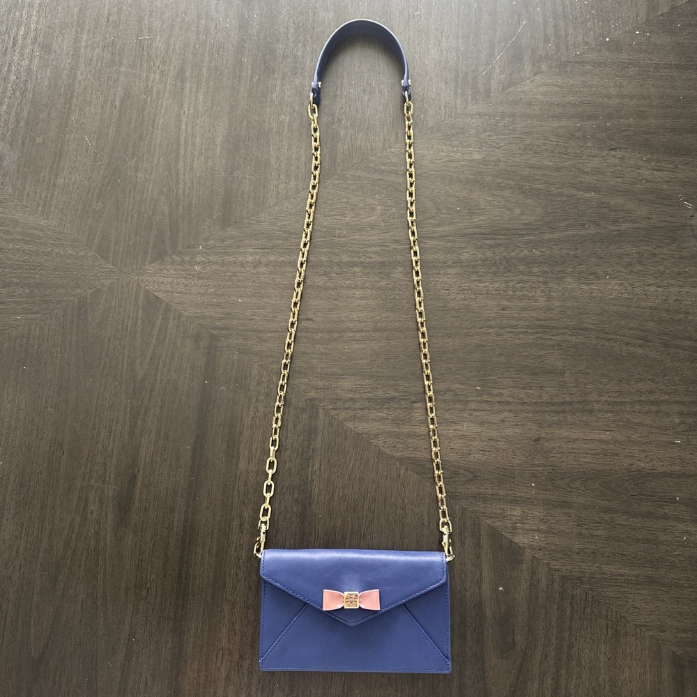 Tory Burch envelope clutch crossbody wallet purse blue leather Gold Chain